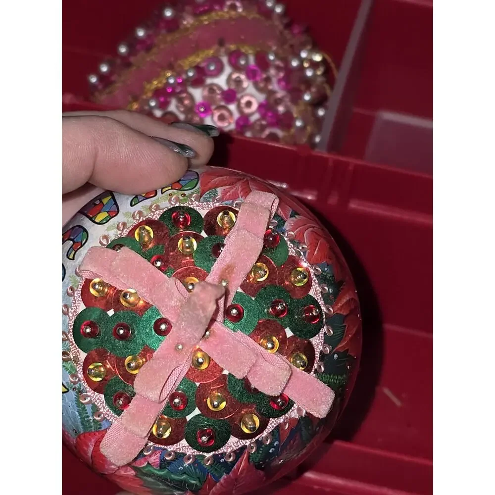 Vintage Large Sequin Beaded Ornament Season Greetings Colorful Pink